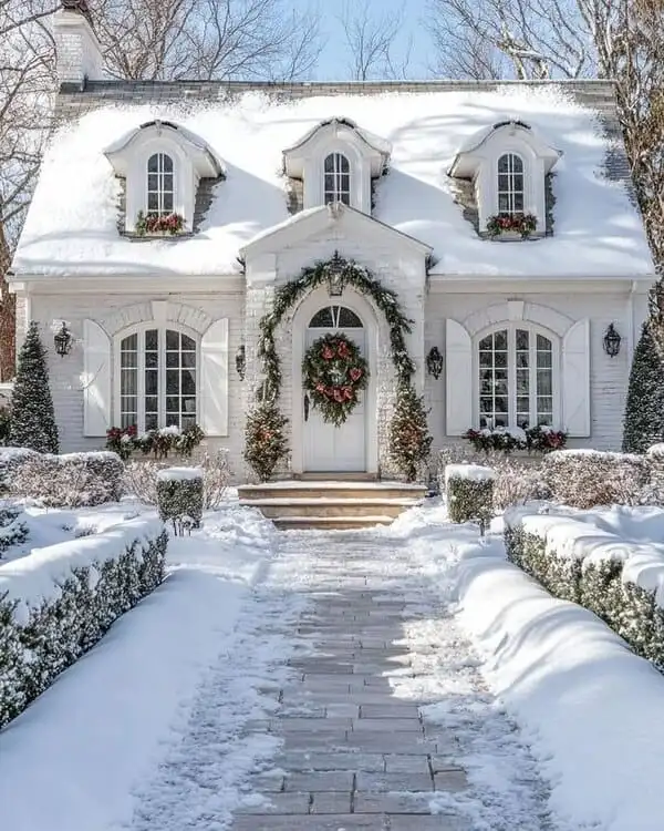 Cottage facade in snowy landscape decorated with wreaths and garlands.