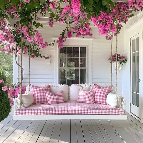 A white-painted porch with a daybed swing with pink gingham-cushioned pillows flanked by blooming pink bougainvillea above.