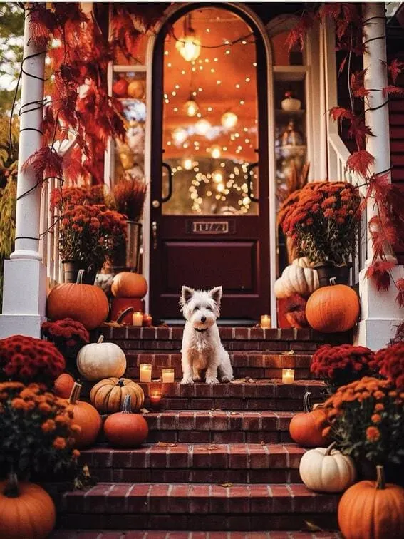 This enchanting porch captures the essence of autumn with warm string lights, glowing candles, and a mix of orange and white pumpkins leading up to the front door.